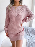 Fashionable hollow off one neck long sleeve pullover wool dress