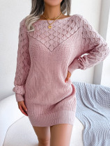 Fashionable hollow off one neck long sleeve pullover wool dress