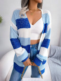 Autumn and Winter Contrast Stripe Lantern Sleeve Casual Cardigan Sweater Coat