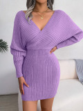 Sexy cross V-neck bat skirt hip wrap dress wool dress