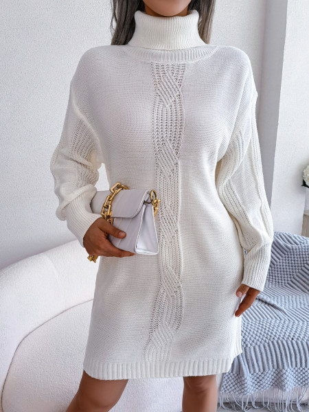 Casual high neck fried dough twist lantern sleeve bottomed wool dress