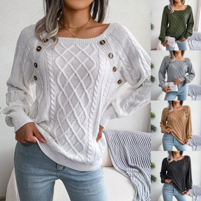 Autumn and winter casual square neck button fried dough twist knitting pullover sweater