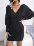 Sexy cross V-neck bat skirt hip wrap dress wool dress