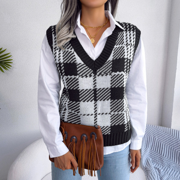 Casual contrast plaid knitted vest sweater vest