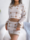 Contrast checked open navel sweater hip skirt knitting suit