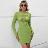 Comfortable casual neck cut out wrap hip short long sleeve dress