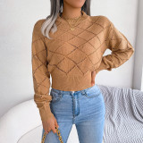 Hollow plaid long sleeve open navel knitting sweater
