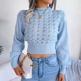 Solid color hollow stripe lantern sleeve open navel knitting sweater