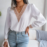 Temperament lace V-neck long sleeved chiffon shirt