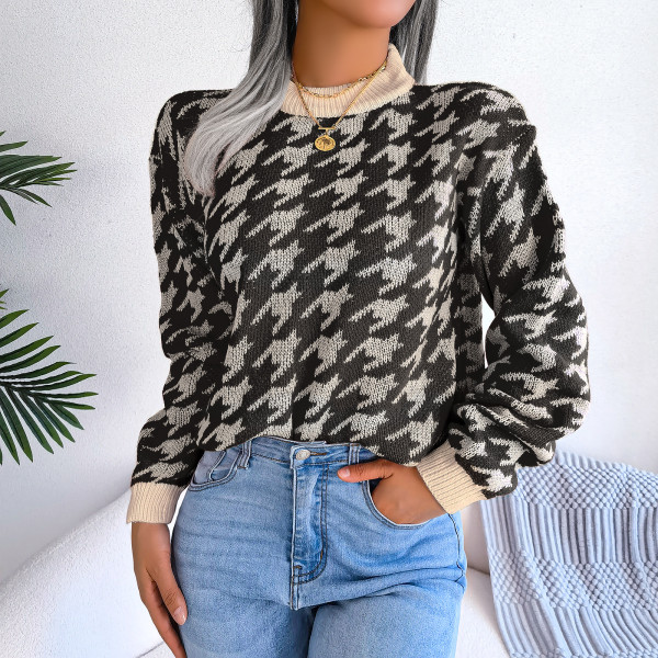 Casual Thousand Bird Plaid Long Sleeve Pullover Knitted Sweater