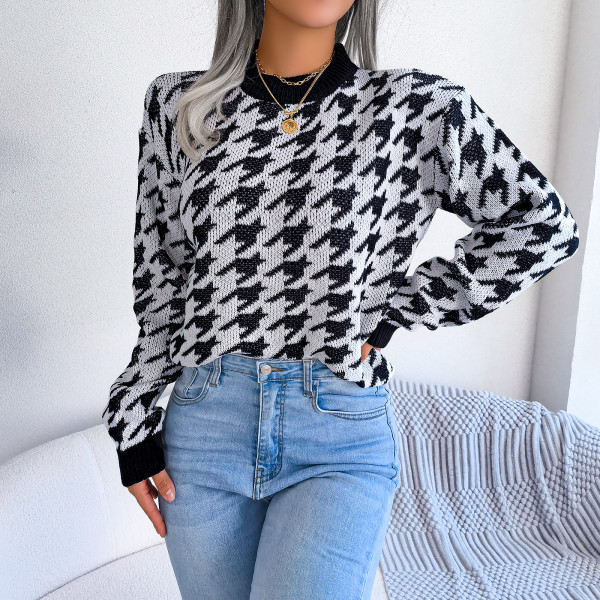 Casual Thousand Bird Plaid Long Sleeve Pullover Knitted Sweater