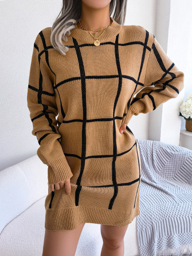 Casual color contrast check long sleeve bottomed wool dress