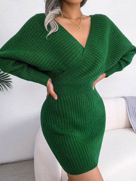 Sexy cross V-neck bat skirt hip wrap dress wool dress
