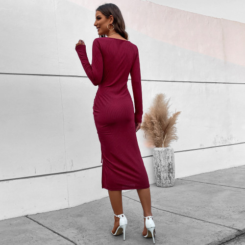 Split Drawstring Slim Square Neck A-line Dress Wrap Hip Long Sleeve Dress