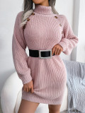 Casual button high neck long sleeve bottomed wool dress