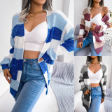 Autumn and Winter Contrast Stripe Lantern Sleeve Casual Cardigan Sweater Coat