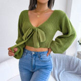 Fashion Bowknot V-Neck Lantern Sleeve Open Navel Sweater
