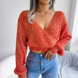 Colorful cross V-neck lantern sleeve open navel sweater