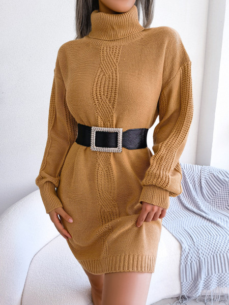 Casual high neck fried dough twist lantern sleeve bottomed wool dress
