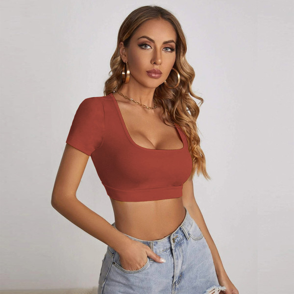 Square neck open navel T-shirt Sexy slim street style short sleeve