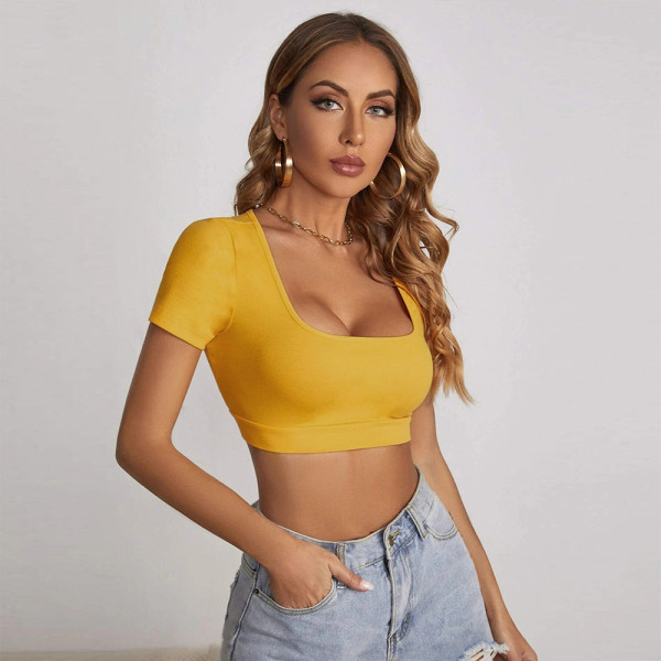 Square neck open navel T-shirt Sexy slim street style short sleeve