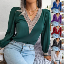 Temperament lace V-neck long sleeved chiffon shirt