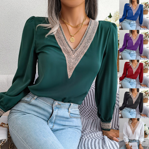 Temperament lace V-neck long sleeved chiffon shirt