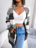Autumn and Winter Contrast Stripe Lantern Sleeve Casual Cardigan Sweater Coat