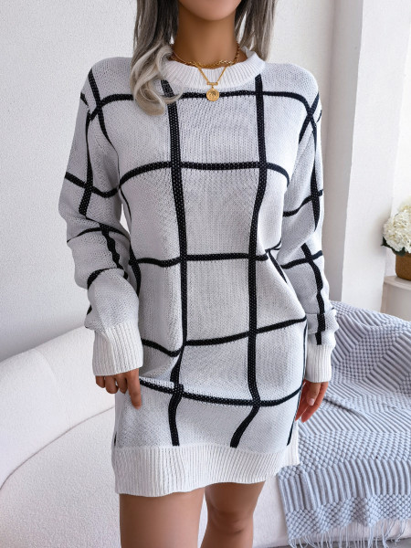 Casual color contrast check long sleeve bottomed wool dress