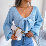 Fashion Bowknot V-Neck Lantern Sleeve Open Navel Sweater