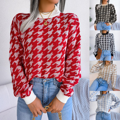 Casual Thousand Bird Plaid Long Sleeve Pullover Knitted Sweater