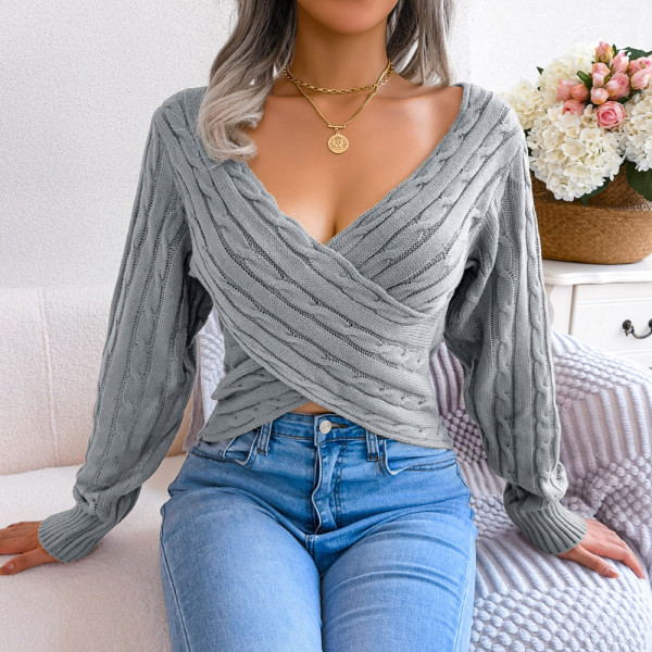 Sexy cross V-neck fried dough twist long sleeve open navel sweater