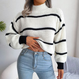 Casual striped lantern sleeve half high neck knitting sweater