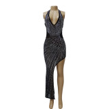 Women's mesh hot drill neck irregular dress dress