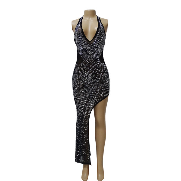 Women's mesh hot drill neck irregular dress dress