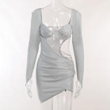 Long sleeve hollow drill strip sexy hip wrap dress slim design party dress