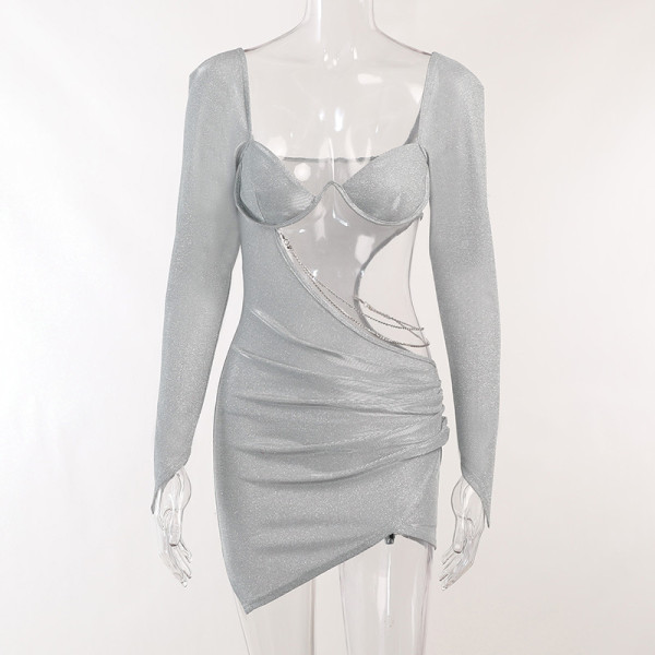 Long sleeve hollow drill strip sexy hip wrap dress slim design party dress