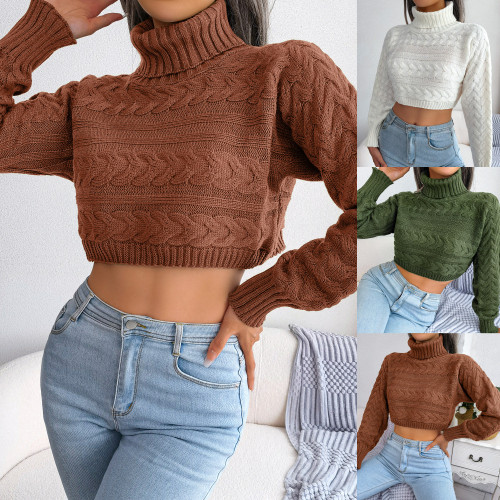 Fried dough twist long sleeve high neck open navel knitting sweater