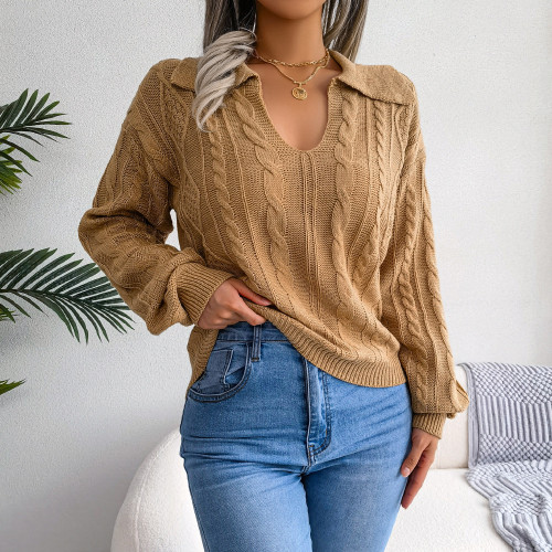 Casual lapel fried dough twist lantern sleeve knitting sweater