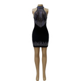 Fashionable sexy women's gauze splicing gold velvet high neck hip bag dress nightclub cocktail dress