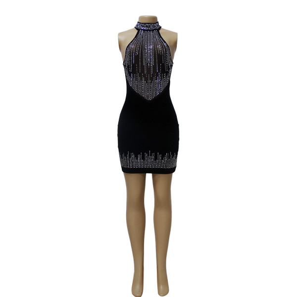 Fashionable sexy women's gauze splicing gold velvet high neck hip bag dress nightclub cocktail dress