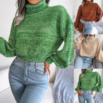 Mixed color lantern long sleeve high neck knitting sweater