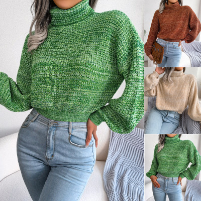 Mixed color lantern long sleeve high neck knitting sweater