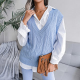 Hollow out fried dough twist V-neck knitted vest sweater