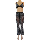 Women's sling mesh hot drilling pants suit