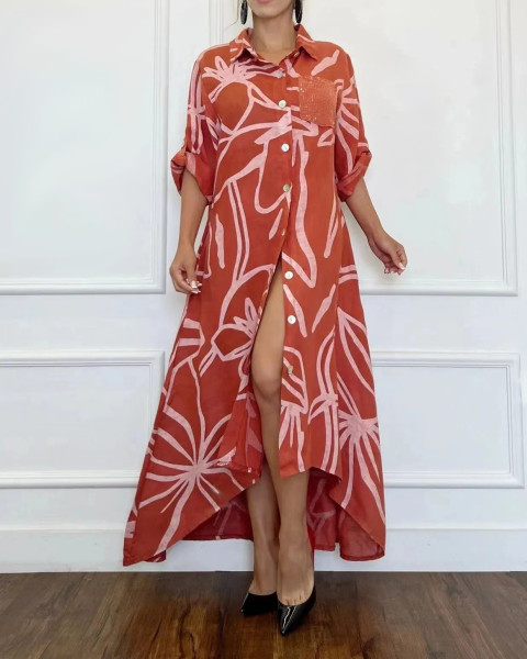 Women's floral shirt collar skirt oversize dress