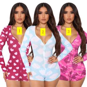 Threaded household wear V-neck printed jumpsuit