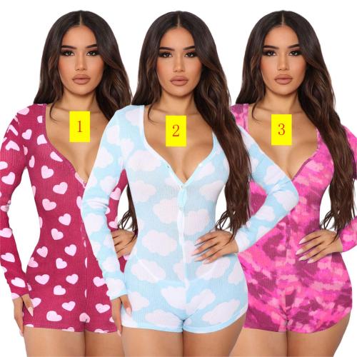 Threaded household wear V-neck printed jumpsuit