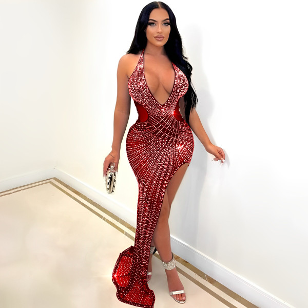 Women's mesh hot drill neck irregular dress dress