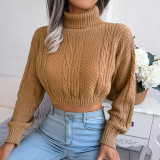 Casual fried dough twist long sleeved high neck open navel knitting sweater